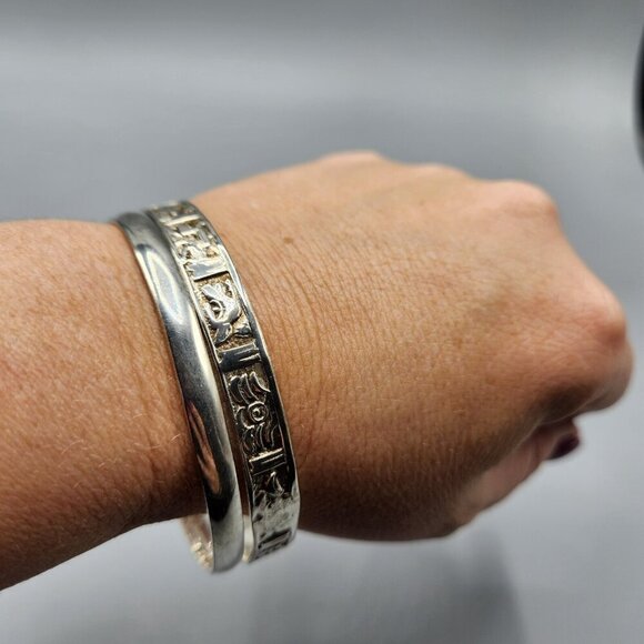 Sterling Silver Bangle Bracelets 925 Taxco Mexico Pair Panel Plain Handmade - Picture 11 of 15